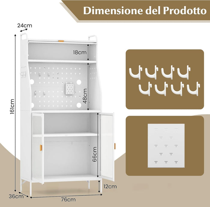 Mobile Dispensa per Cucina, Mobile da Forno Autonomo con Pannello Forato, Porte Trasparenti, Ripiano Regolabile, 8 Ganci e 1 Cestello appendibile, 76 x 36 x 161 cm