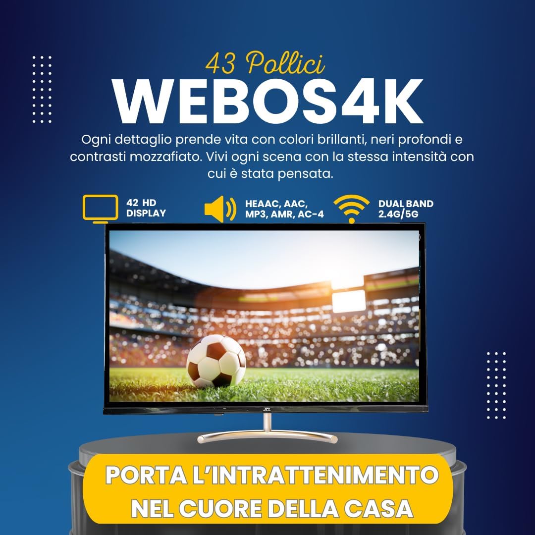 JCL Smart TV 43 Pollici 4K UHD HDR, Android TV, Wi-Fi, DVB-T2, Tripla Porta HDMI, USB, VESA, Modello JCL43WEBOS4K