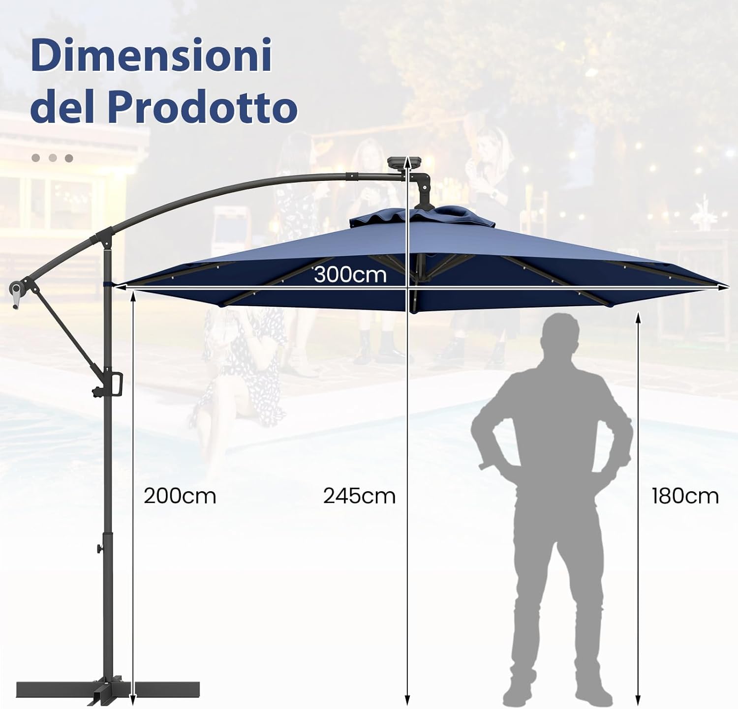Ombrellone da Giardino ∅300 cm con 32 Luci LED, Ombrellone Prendisole con Rotazione di 360°, Inclinazione Regolabile, 8 Stecche, Manovella, per Giardino Piscina Cortile (Blu Scuro)