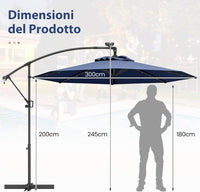 Ombrellone da Giardino ∅300 cm con 32 Luci LED, Ombrellone Prendisole con Rotazione di 360°, Inclinazione Regolabile, 8 Stecche, Manovella, per Giardino Piscina Cortile (Blu Scuro)