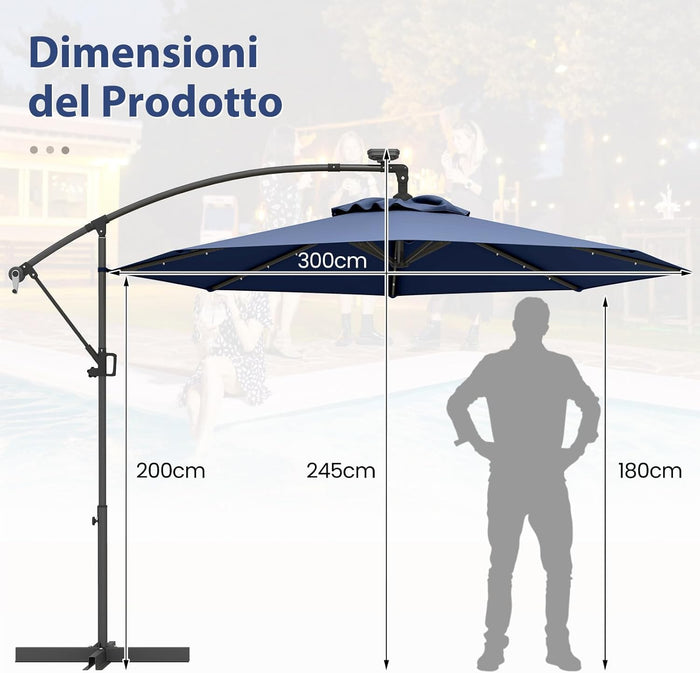Ombrellone da Giardino ∅300 cm con 32 Luci LED, Ombrellone Prendisole con Rotazione di 360°, Inclinazione Regolabile, 8 Stecche, Manovella, per Giardino Piscina Cortile (Blu Scuro)