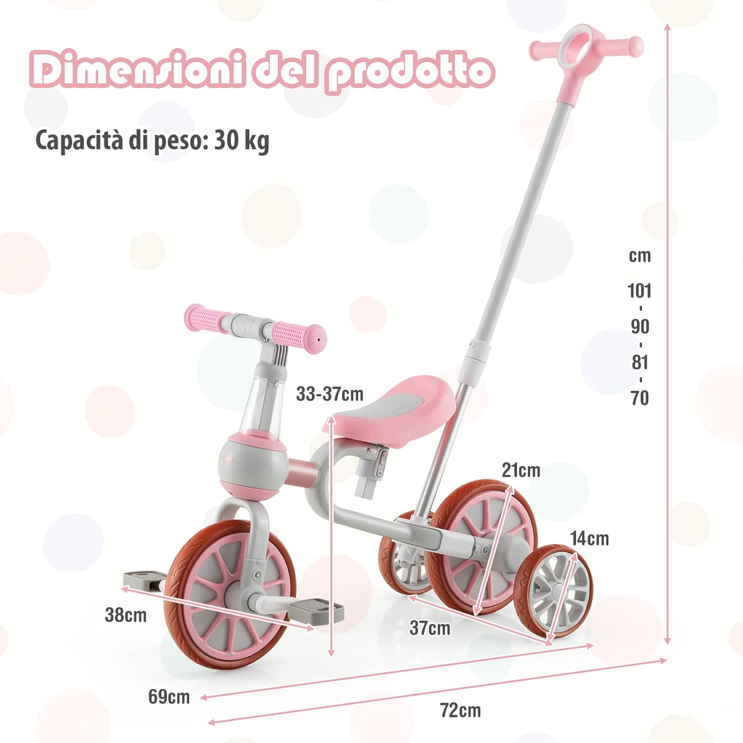 4 in 1 Triciclo per Bambini con Maniglia di Spinta, Triciclo per Bambini Bicicletta Equilibrio con Maniglia, Sedile Regolabili e Pedali Rimovibili, per 2-4 anni (Rosa)