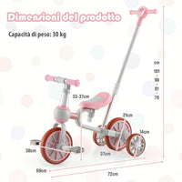 4 in 1 Triciclo per Bambini con Maniglia di Spinta, Triciclo per Bambini Bicicletta Equilibrio con Maniglia, Sedile Regolabili e Pedali Rimovibili, per 2-4 anni (Rosa)