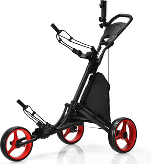 Carrello da Golf Pieghevole con 3 Ruote, Struttura in Alluminio, Cinghia Elastica, Portaombrello Regolabile e Porta Bicchiere, Segnapunti e Freno a Pedale (Rosso)