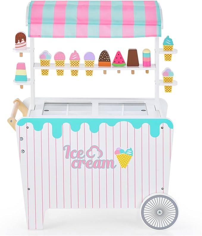 Carretto per Gelato con Accessori per Bambini, Giocattolo Educativo di Carretto per Gelato con Scaffale per l'Esposizione, Compartimento di Congelamento Simulato, con 2 Ruote, 3 Anni+