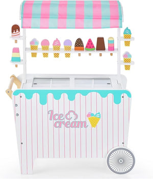 Carretto per Gelato con Accessori per Bambini, Giocattolo Educativo di Carretto per Gelato con Scaffale per l'Esposizione, Compartimento di Congelamento Simulato, con 2 Ruote, 3 Anni+