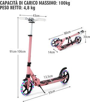 Scooter Monopattino a Spinta per Bambini Pieghevole e Regolabile in Altezza (91-106 cm), con Ruote Luminose e Cavalletto, Carico Massimo 100kg