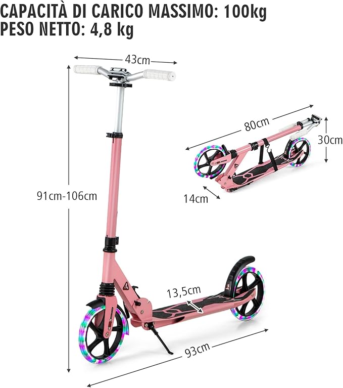 Scooter Monopattino a Spinta per Bambini Pieghevole e Regolabile in Altezza (91-106 cm), con Ruote Luminose e Cavalletto, Carico Massimo 100kg