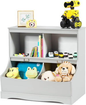 Scaffale Libreria Organizer Porta Giocattoli, con 2 Scomparti e 2 Contenitori, Libreria Multiuso con Pedana, per Camera dei Bambini (Grigio)