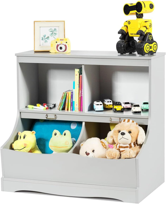 Scaffale Libreria Organizer Porta Giocattoli, con 2 Scomparti e 2 Contenitori, Libreria Multiuso con Pedana, per Camera dei Bambini (Grigio)