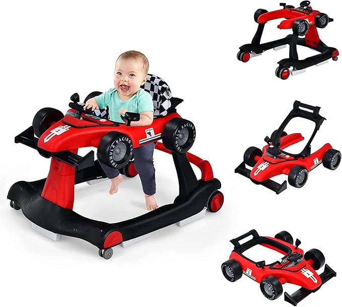 Girello per Bambini 4 in 1, Girello Pieghevole con Altezza e Velocità Regolabili, Carillon con Luci, Volante, Primi Passi per Bambini 6-18 Mesi, Portata 15 kg (Rosso)