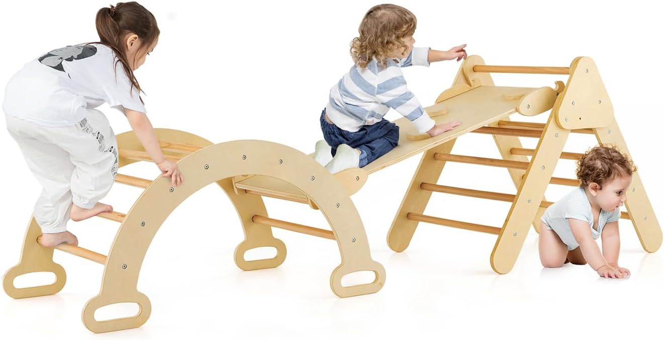 4 in 1 Set da Arrampicata per Bambini, Giocattoli da Arrampicata a Triangolo con Triangolo Arco e Salita, Ideale per Bambini 1 Anni + (Naturale)