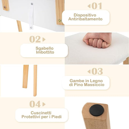 Set di Tavolo da Toeletta, Tavolo da Trucco con Sgabello e Specchio Regolabile in Altezza, 3 Cassetti, Bianco Moderno Minimalista