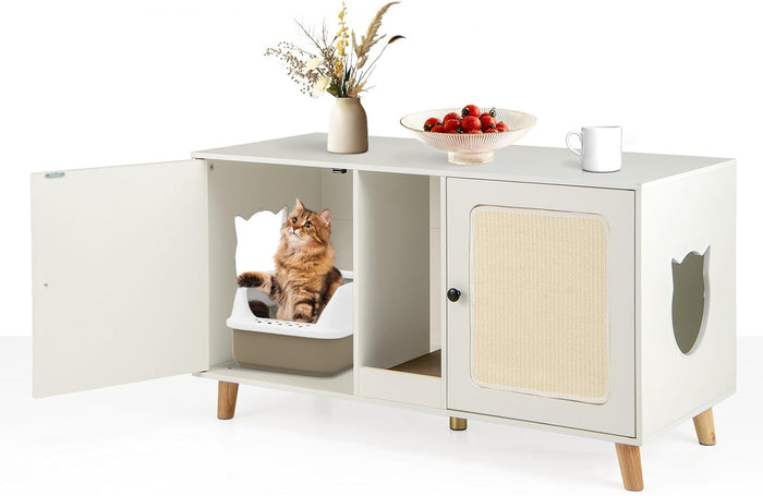 Lettiera Chiusa per Gatti 108 x 50 x 60 cm, Mobile per Lettiera Nascosta per Gatti con 2 Tappetini in Sisal e Ingresso a Forma di Testa di Gatto, Casetta per Animali Domestici (Bianco)