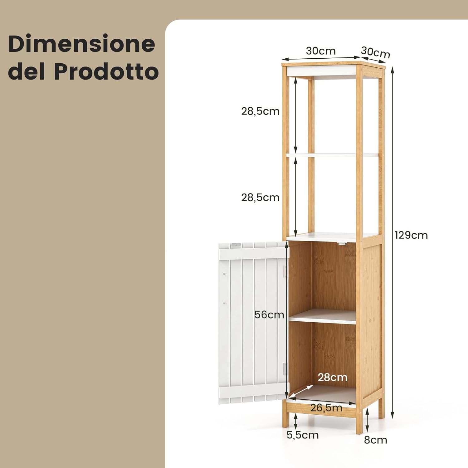 Armadio da Bagno, Mobile Alto 129 cm con Anta, Mobile Salvaspazio e Multiuso in Bambù con Ripiani Regolabili, per Soggiorno Bagno