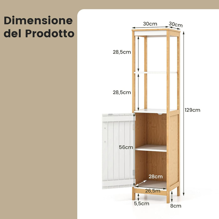 Armadio da Bagno, Mobile Alto 129 cm con Anta, Mobile Salvaspazio e Multiuso in Bambù con Ripiani Regolabili, per Soggiorno Bagno