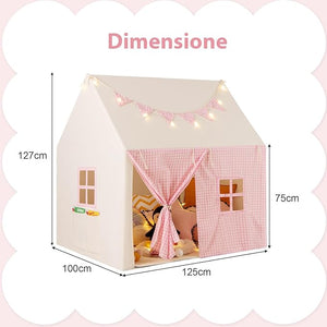 Tenda da Gioco per Bambini, Casetta Tenda da Gioco con Tappetino Imbottito, 2 Finestre Traspiranti e 2 Tasche, Luci a Stella e Bandierine Incluse, Tenda per Bambini 3-8 Anni (Rosa)