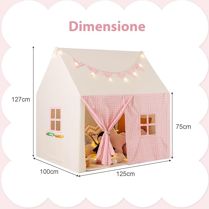Tenda da Gioco per Bambini, Casetta Tenda da Gioco con Tappetino Imbottito, 2 Finestre Traspiranti e 2 Tasche, Luci a Stella e Bandierine Incluse, Tenda per Bambini 3-8 Anni (Rosa)