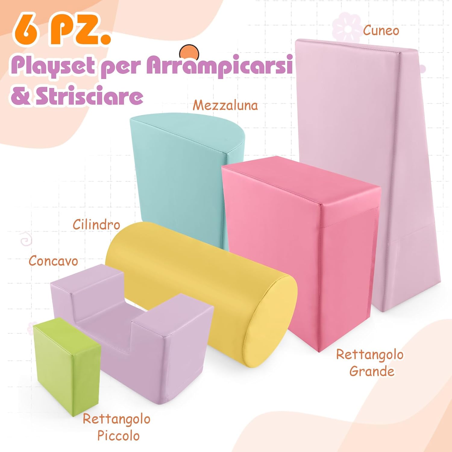 Set di 6 Blocchi per Bambini con Diverse Forme e Colori, Centro Attività Palestrina Giocattolo per Arrampicata e Strisciamento (Rosa chiaro)