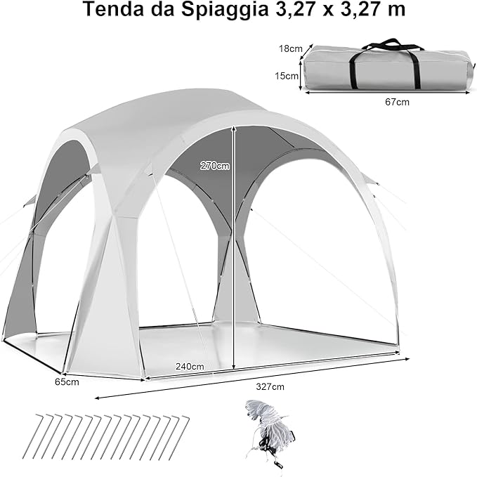 Tenda da Spiaggia per 6-8 Persone 327 x 327 cm, Tenda Parasole Portatile con Borsa, 16 Picchetti e 8 Corde, Tenda a Baldacchino per Campeggio, Cortile e Picnic