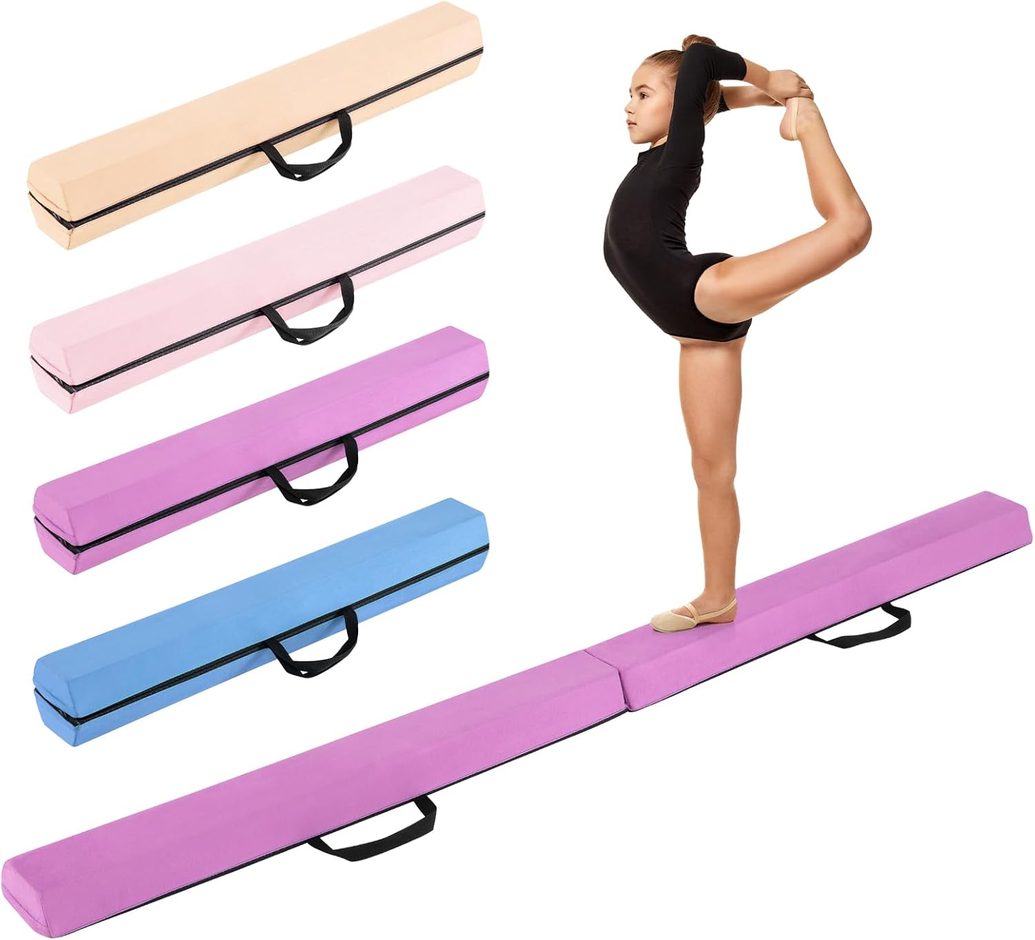 Trave Ginnastica Artistica per Bambini 210 cm, Trave di Equilibrio Pieghevole e Portatile per Casa con Manici, Copertura in Suede Rimovibile e Fondo Antiscivolo