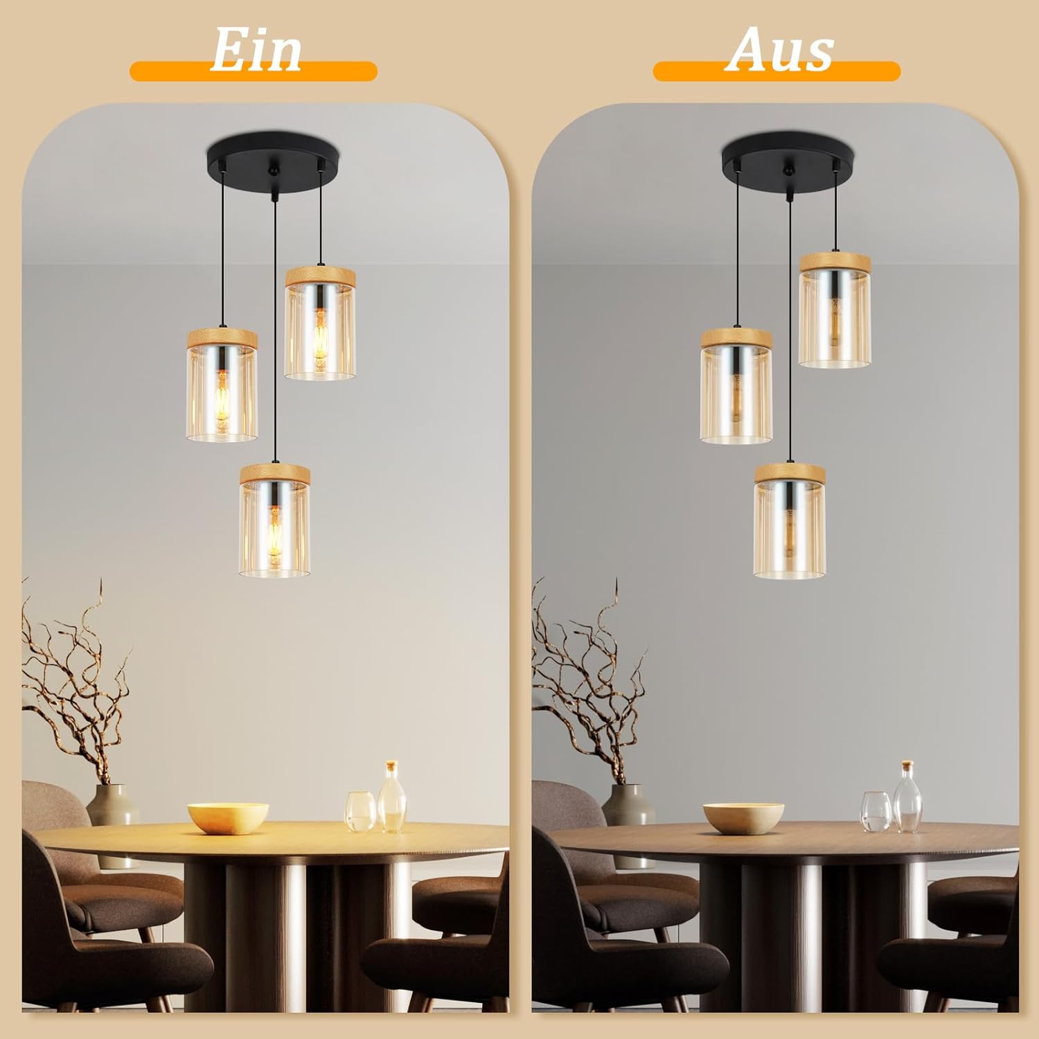 Lampada a Sospensione ZMH 3 luci trasparente E27 per sala da pranzo e camera da letto d'albergo