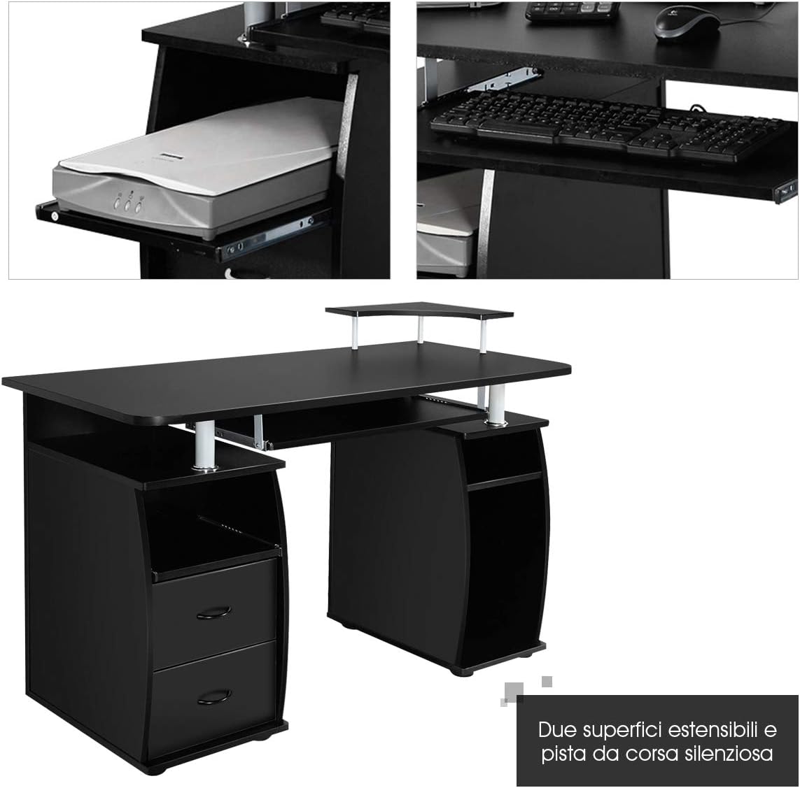 Scrivania Salvaspazio, Scrivania con Cassetti, Vassoio per Tasteriera, Ripiani e Porta Stampante, Scrivania Porta PC per Ufficio e Studio, 120 x 55 x 76 cm, Portata 60 kg (Nero)