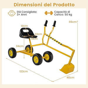 Escavatore per Bambini, Scavatore per Sabbiera con Comandi a 2 Mani e Pala Flessibile, Sedile Rotante a 360°, 4 Ruote, Ideale per Bambini 3 Anni+ (con Ruote Giallo)