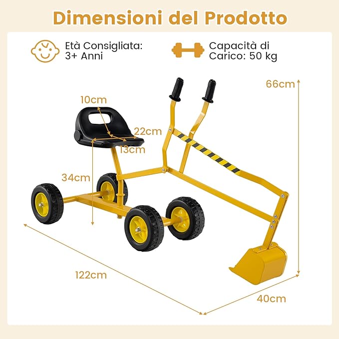 Escavatore per Bambini, Scavatore per Sabbiera con Comandi a 2 Mani e Pala Flessibile, Sedile Rotante a 360°, 4 Ruote, Ideale per Bambini 3 Anni+ (con Ruote Giallo)