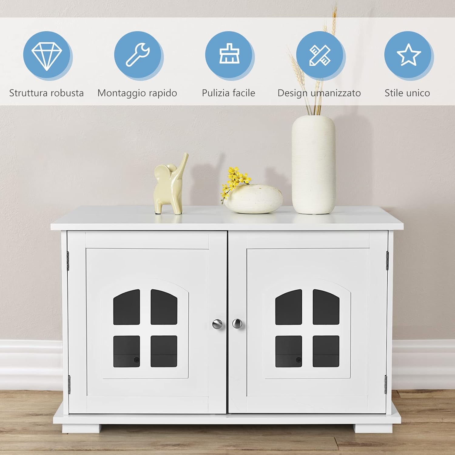 Casetta per Gatti, Casetta-comodino per Gatti con Doppie Porte e Finestre, Casetta Decorativa Ventilata per Domestici, 81 x 53 x 49 cm (Bianco)