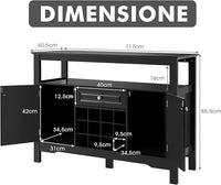 Credenza Moderna con Tanto Spazio, Credenza Cucina con Porta Bottiglie di Vino a Forma Incrociata, Mensola Aperta, 2 Armadietti e Cassetto, 117 x 40,5 x 82,5 cm (Nero)