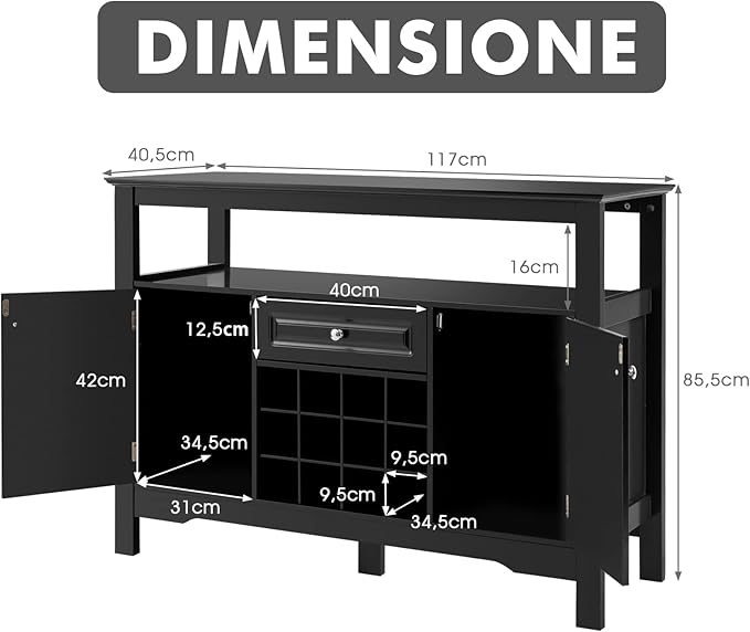 Credenza Moderna con Tanto Spazio, Credenza Cucina con Porta Bottiglie di Vino a Forma Incrociata, Mensola Aperta, 2 Armadietti e Cassetto, 117 x 40,5 x 82,5 cm (Nero)