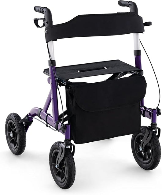 Deambulatore con Seduta 2 in 1, Rollator Pieghevole per Anziani con 4 Ruote, Maniglie Regolabili in Altezza 81-94cm, Portaombrelloni e Borsa Portaoggetti, Carico Massimo 160 kg (Viola)