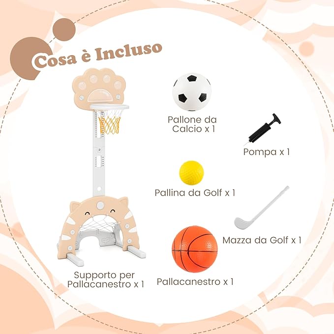 3 in 1 Canestro da Basket per Bambini, con Canestro Calcio e Golf, Cerchio Rimovibile e Pieghevole, Set da Gioco Regolabile per Interno ed Esterno, 3 Anni+ (Moca)