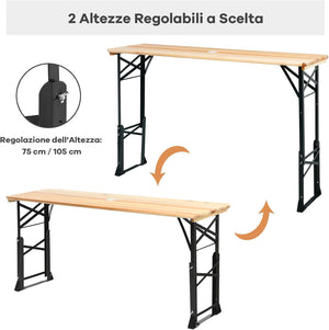 Tavolo da Picnic Pieghevole per Esterni da 168,5 cm, Tavolo da Campeggio in Legno con Altezza Regolabile, Tavolo per Birra con Foro per Ombrellone, 168,5 x 50 x 75/105 cm