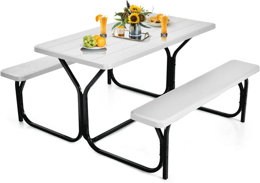 Tavolo da Campeggio con Sedie, da 4 Posti, 137 x 150 x 72cm, Set Tavolino Picnic HDPE Struttura in Metallo, per Picnic Cortile Barbecue (bianco)