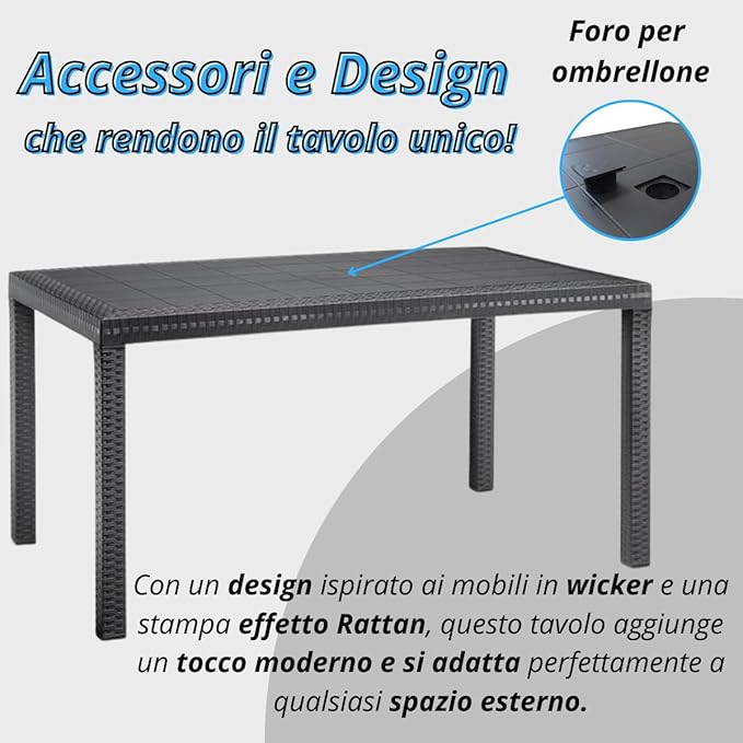 Tavolo da giardino in plastica rettangolare, Rattan - Tavolo da pranzo per esterno, terrazzo - 6 posti - Nero