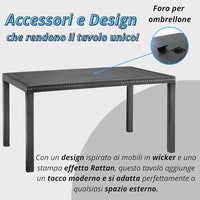 Tavolo da giardino in plastica rettangolare, Rattan - Tavolo da pranzo per esterno, terrazzo - 6 posti - Nero