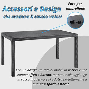Tavolo da giardino in plastica rettangolare, Rattan - Tavolo da pranzo per esterno, terrazzo - 6 posti - Nero