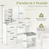 Toeletta da Trucco con Luci, Set Tavolo da Trucco e Sgabello con Stazione di Ricarica, Luci LED Regolabili a 3 Colori, 4 Cassetti e Ripiani di Stoccaggio Aperti