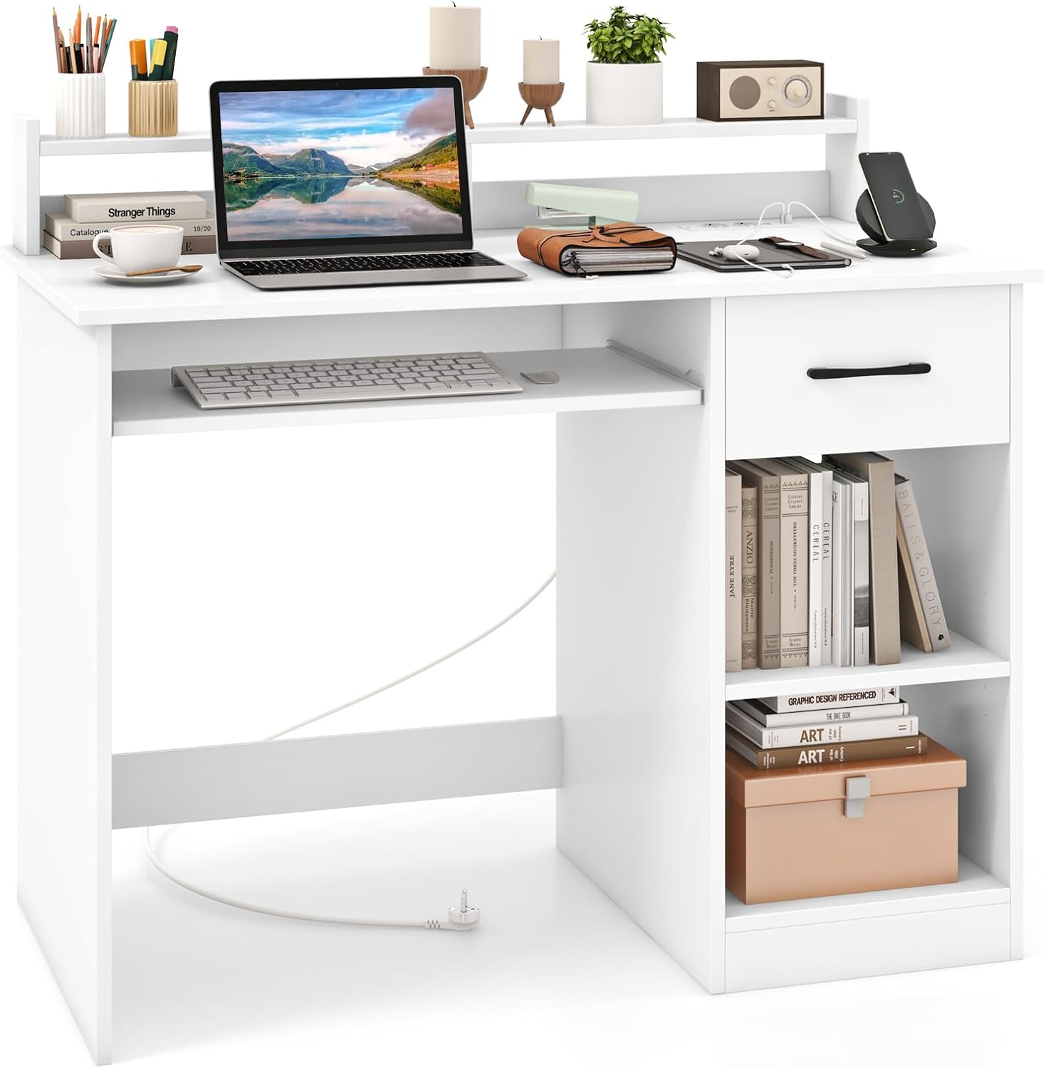 Scrivania per Computer con 2 Prese di Corrente e Prese USB, Scrivania Ufficio con Cassetto e Ripiano Estraibile per Tastiera, Scrivania Gaming con Ripiano Regolabile, 105 x 55 x 89 cm, Bianco