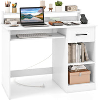 Scrivania per Computer con 2 Prese di Corrente e Prese USB, Scrivania Ufficio con Cassetto e Ripiano Estraibile per Tastiera, Scrivania Gaming con Ripiano Regolabile, 105 x 55 x 89 cm, Bianco