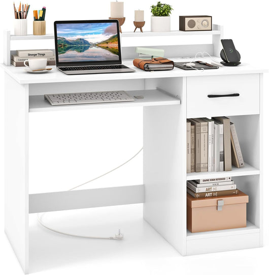 Scrivania per Computer con 2 Prese di Corrente e Prese USB, Scrivania Ufficio con Cassetto e Ripiano Estraibile per Tastiera, Scrivania Gaming con Ripiano Regolabile, 105 x 55 x 89 cm, Bianco