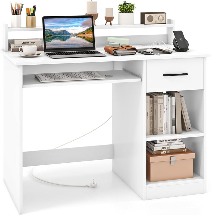 Scrivania per Computer con 2 Prese di Corrente e Prese USB, Scrivania Ufficio con Cassetto e Ripiano Estraibile per Tastiera, Scrivania Gaming con Ripiano Regolabile, 105 x 55 x 89 cm, Bianco