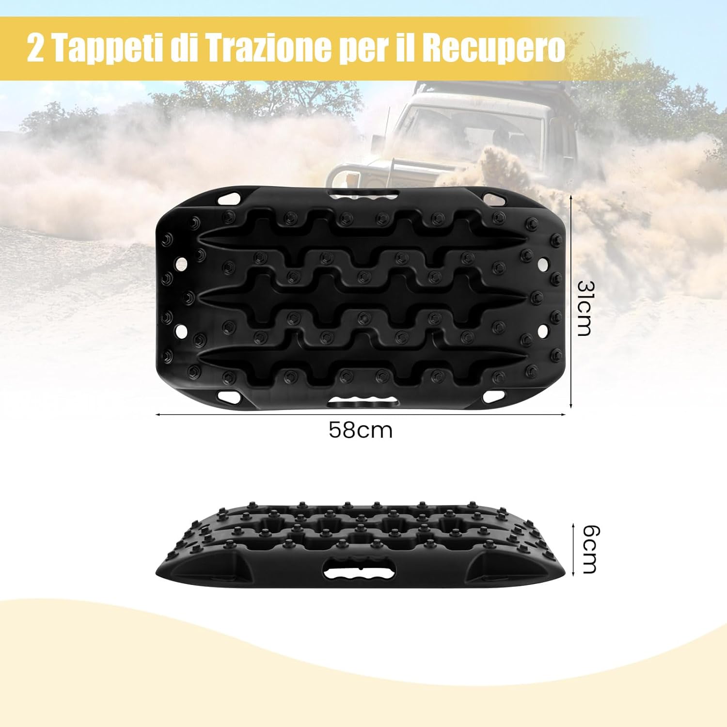 Tappetino di Trazione 2 Pezzi, Carico 10T, Piastre di Trazione per SUV Camper Auto Camion, Tavola di Recupero per Piste Offroad, per Sabbia, Neve, Fango (Nero, 58 x 31 x 6 cm)