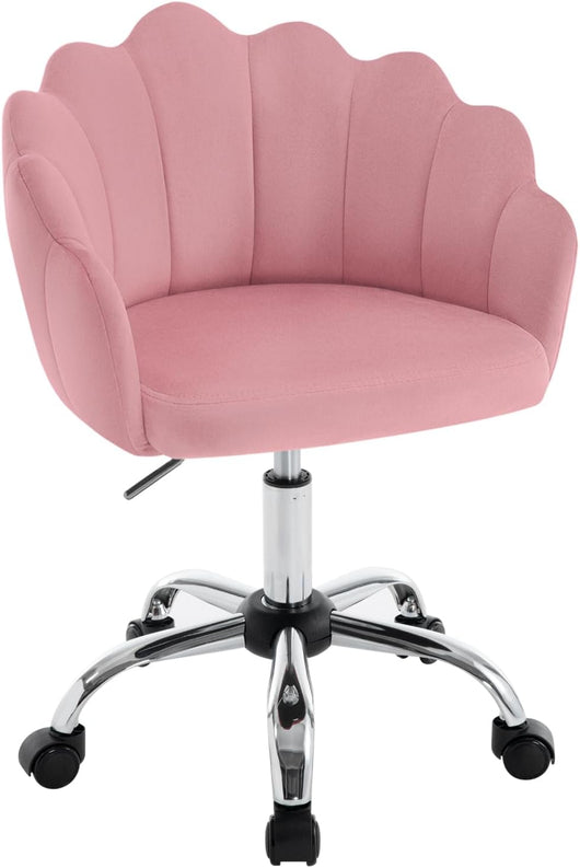 Sedia da Trucco con Schienale a Petalo, Sedia Ufficio con Braccioli e Rotelle, Poltroncina Girevole, Altura Regolabile, Velluto, Rosa