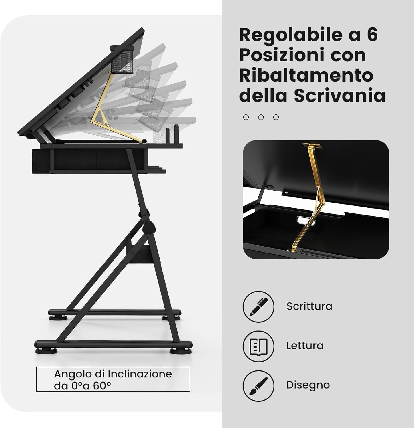 Tavolo da Disegno Scrivania per Arte con Cassetti e Sgabello, Regolabile in Altezza ed inclinabile (nero)