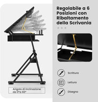 Tavolo da Disegno Scrivania per Arte con Cassetti e Sgabello, Regolabile in Altezza ed inclinabile (nero)