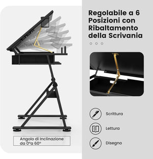 Tavolo da Disegno Scrivania per Arte con Cassetti e Sgabello, Regolabile in Altezza ed inclinabile (nero)