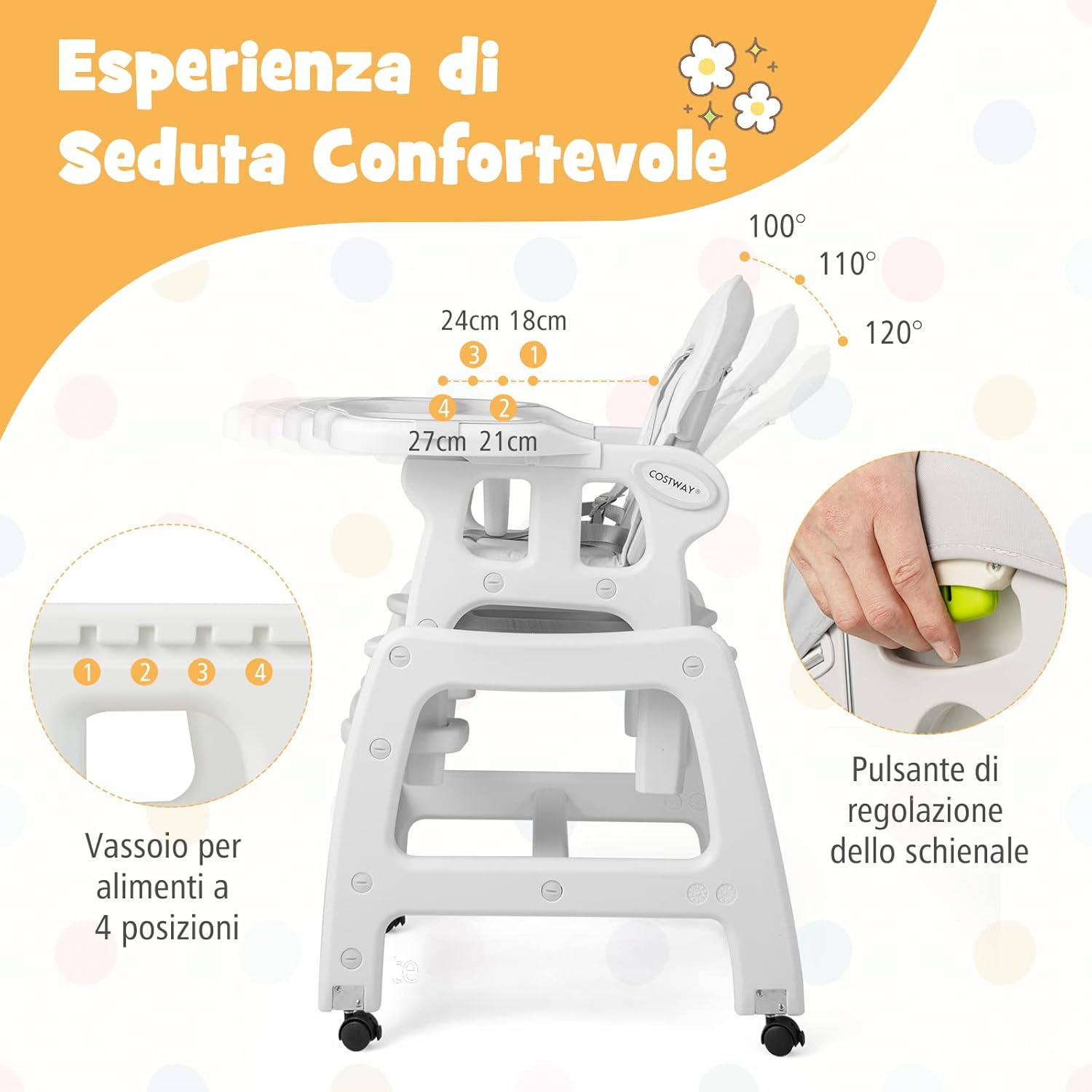 Seggiolone Pappa per Bambini 3 in 1, Seggiolone per Neonati con Vassoio Rimovibile, Cuscino, Schienale Regolabile e Cintura di Sicurezza a 5 Punti, 6-36 Mesi, Capacità 20 kg (Grigio)